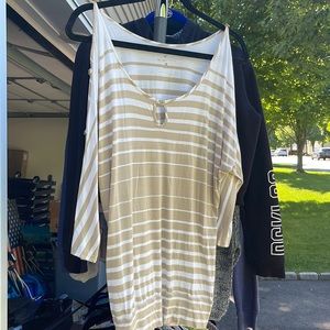 White and tan peekaboo top
